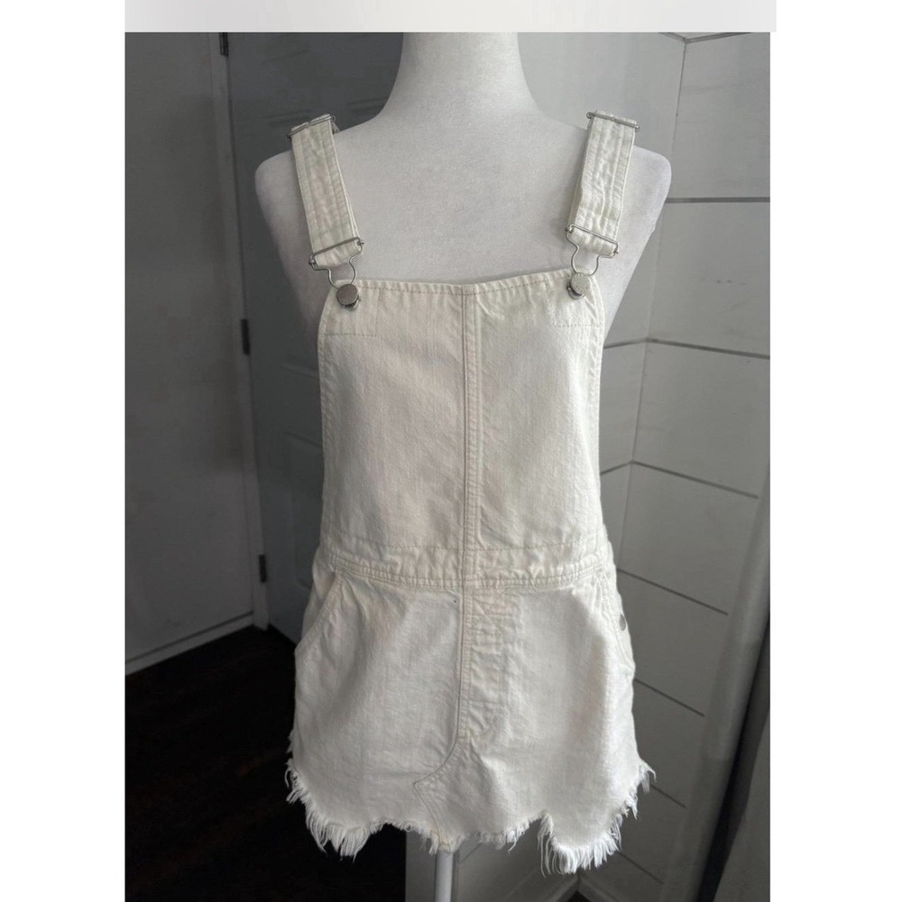 Free People Women Denim Short Overalls Size 6 Jean Beach Cream‎ Fray Boho Midi
